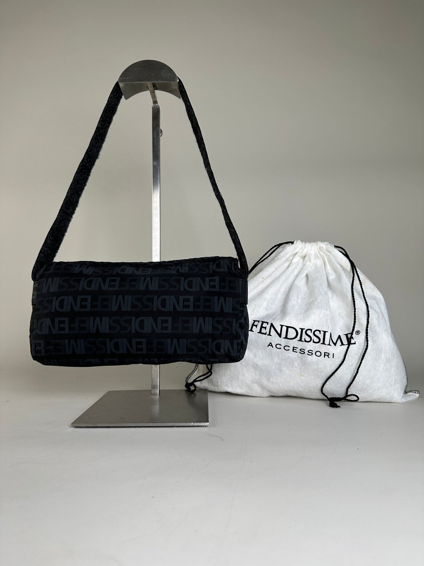 Vintage Fendi Logo Nylon Shoulder Bag Black