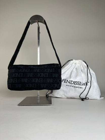Vintage Fendi Logo Nylon Shoulder Bag Black