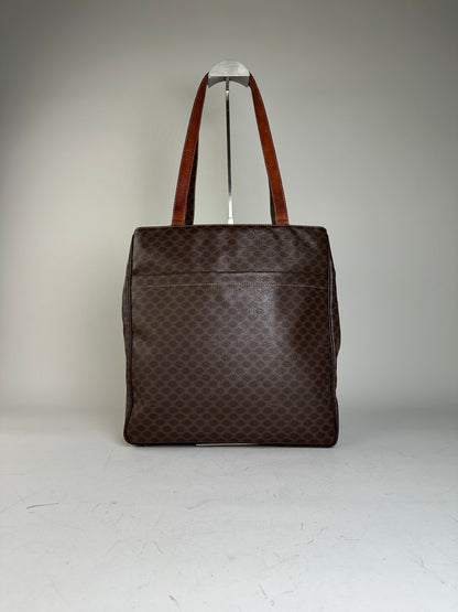 Vintage Celine Coated Canvas Tote Brown Leather Trim Gold
