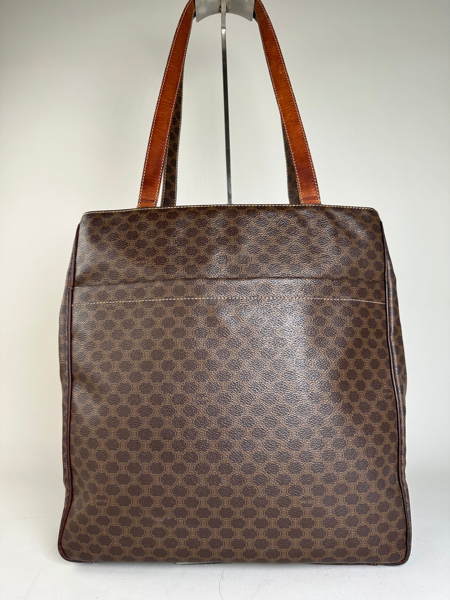Vintage Celine Coated Canvas Tote Brown Leather Trim Gold
