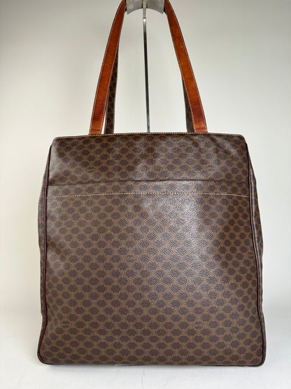 Vintage Celine Coated Canvas Tote Brown Leather Trim Gold