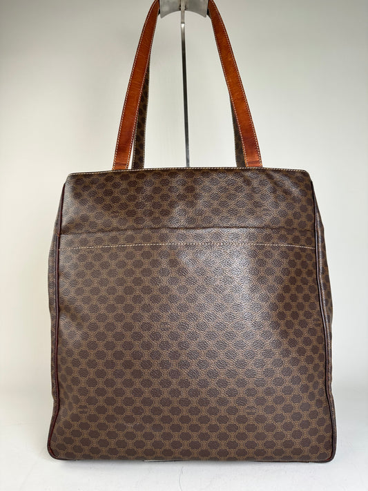 Vintage Celine Coated Canvas Tote Brown Leather Trim Gold