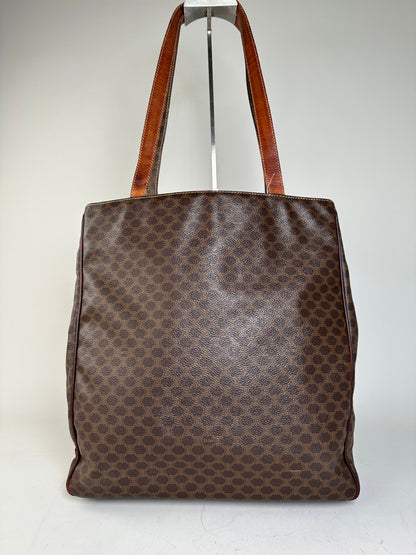 Vintage Celine Coated Canvas Tote Brown Leather Trim Gold