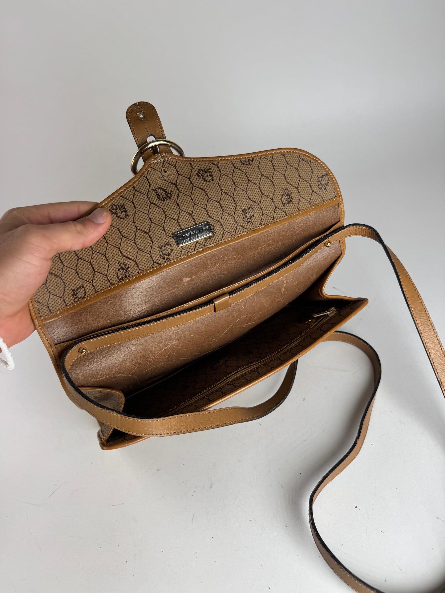 Sac vintage en cuir monogramme Dior beige marron