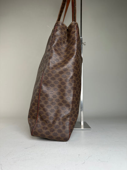 Vintage Celine Coated Canvas Tote Brown Leather Trim Gold