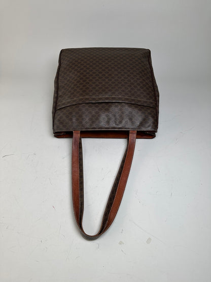 Vintage Celine Coated Canvas Tote Brown Leather Trim Gold