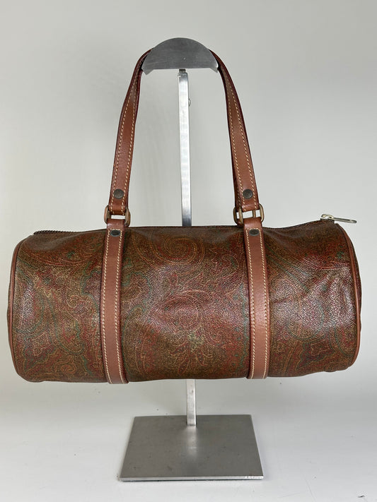 Vintage Etro Paisley Print Leather Duffle Bag Rust Brown