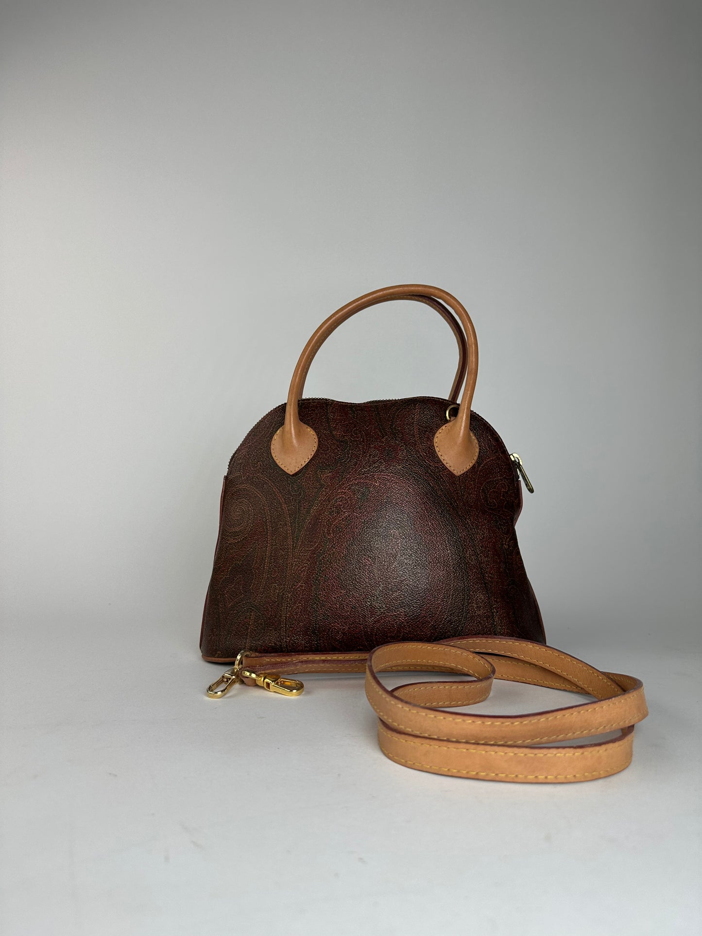 Vintage Etro Paisley Monogram 2Way Leather Handbag Orange Red Brown