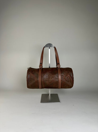 Vintage Etro Paisley Print Leather Duffle Bag Rust Brown
