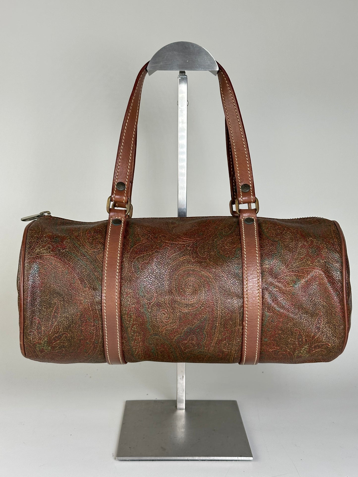 Vintage Etro Paisley Print Leather Duffle Bag Rust Brown