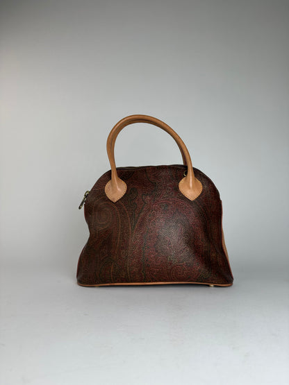 Vintage Etro Paisley Monogram 2Way Leather Handbag Orange Red Brown