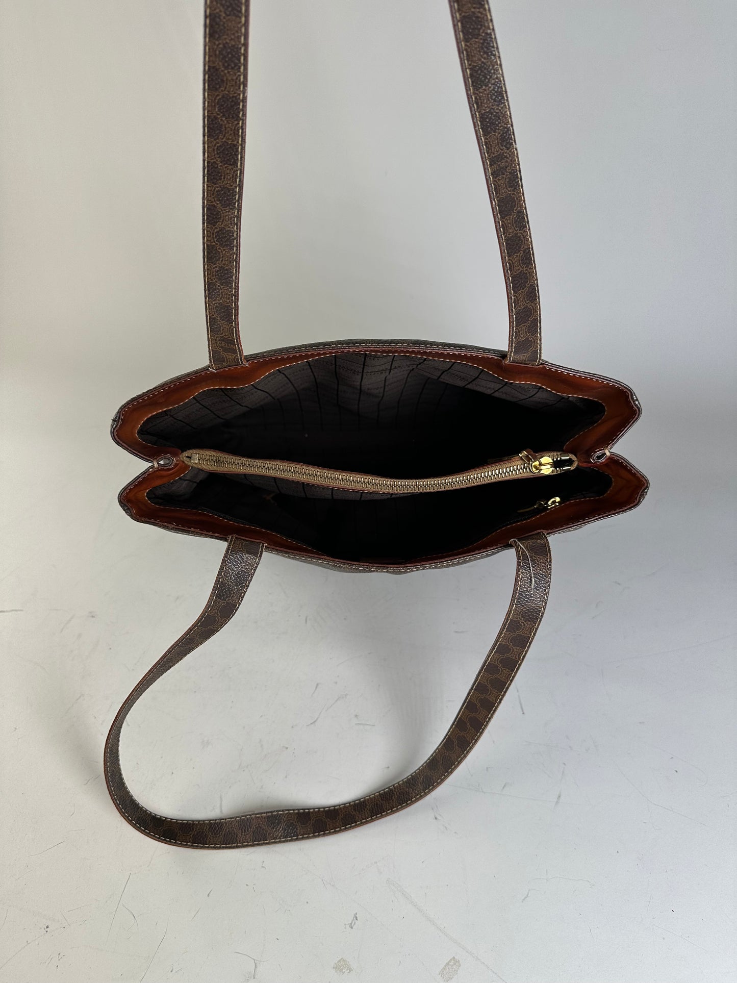 Vintage Celine Coated Canvas Tote Brown Leather Trim Gold