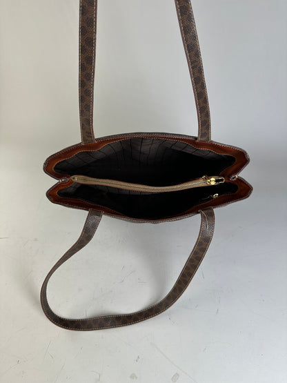Vintage Celine Coated Canvas Tote Brown Leather Trim Gold