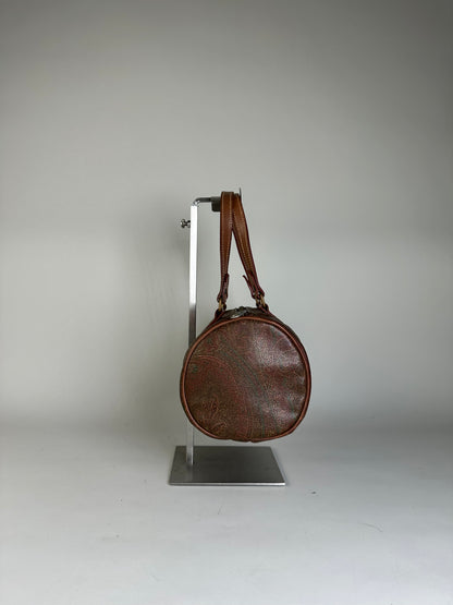 Vintage Etro Paisley Print Leather Duffle Bag Rust Brown