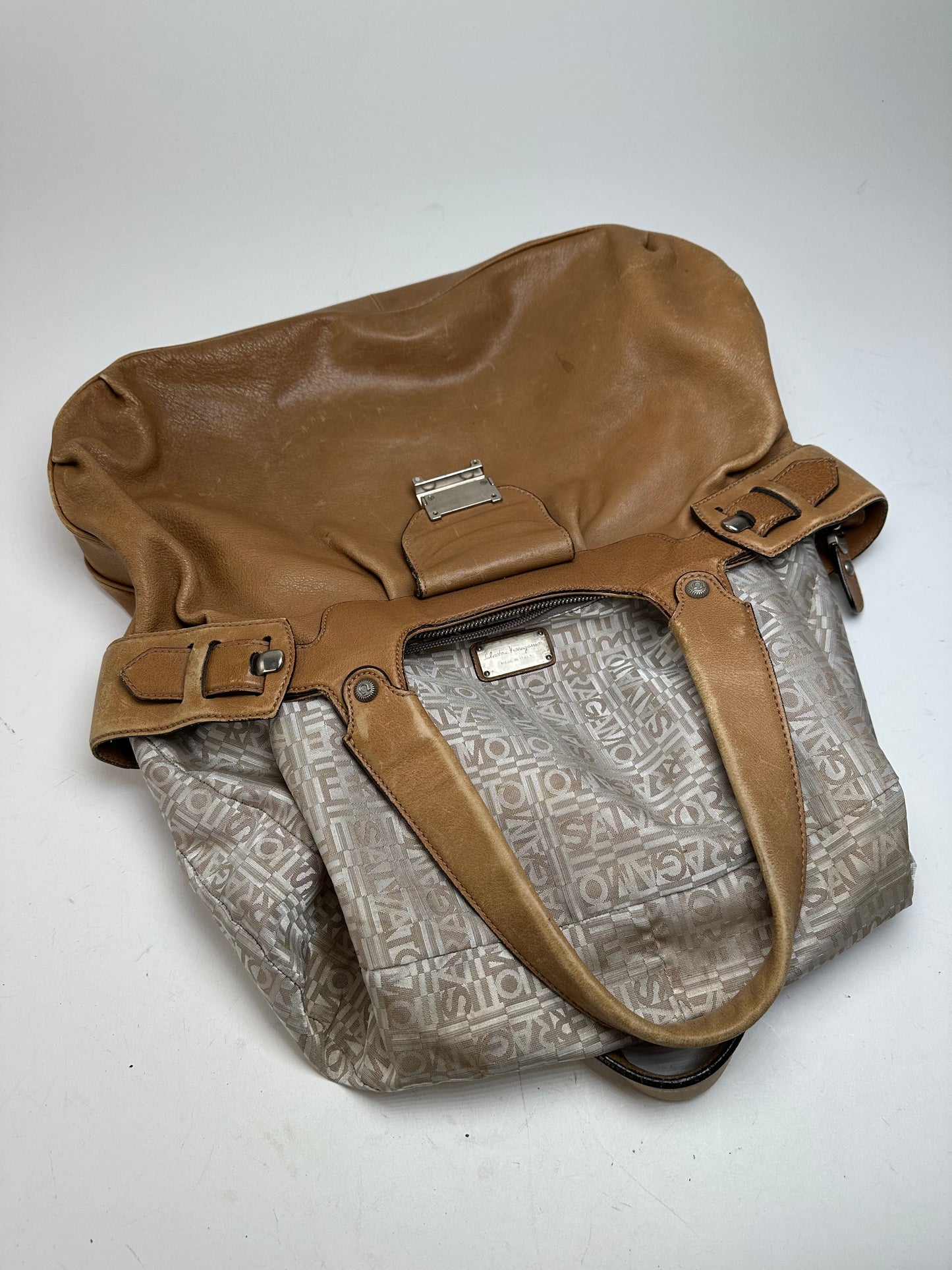 Vintage Salvatore Ferragamo Gancini Shoulder Bag Canvas Tan