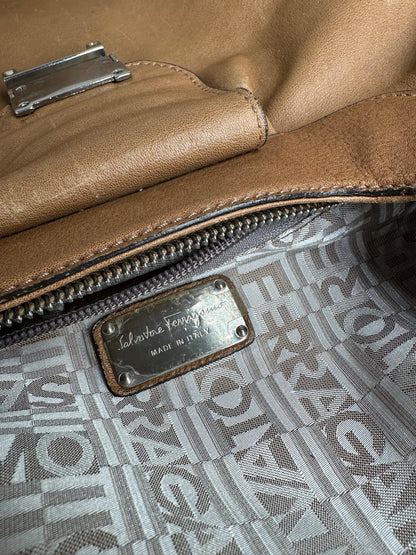 Vintage Salvatore Ferragamo Gancini Shoulder Bag Canvas Tan