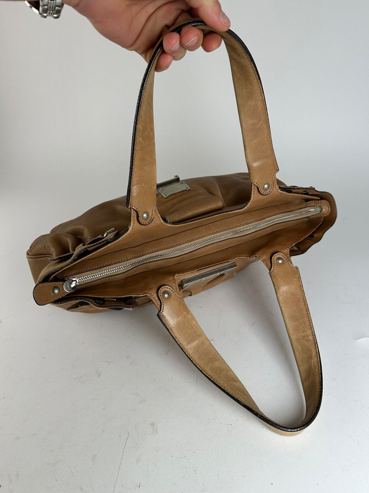 Vintage Salvatore Ferragamo Gancini Shoulder Bag Canvas Tan
