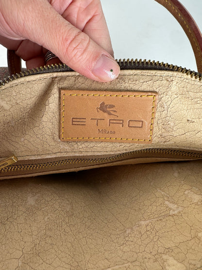 Vintage Etro Paisley Monogram 2Way Leather Handbag Orange Red Brown