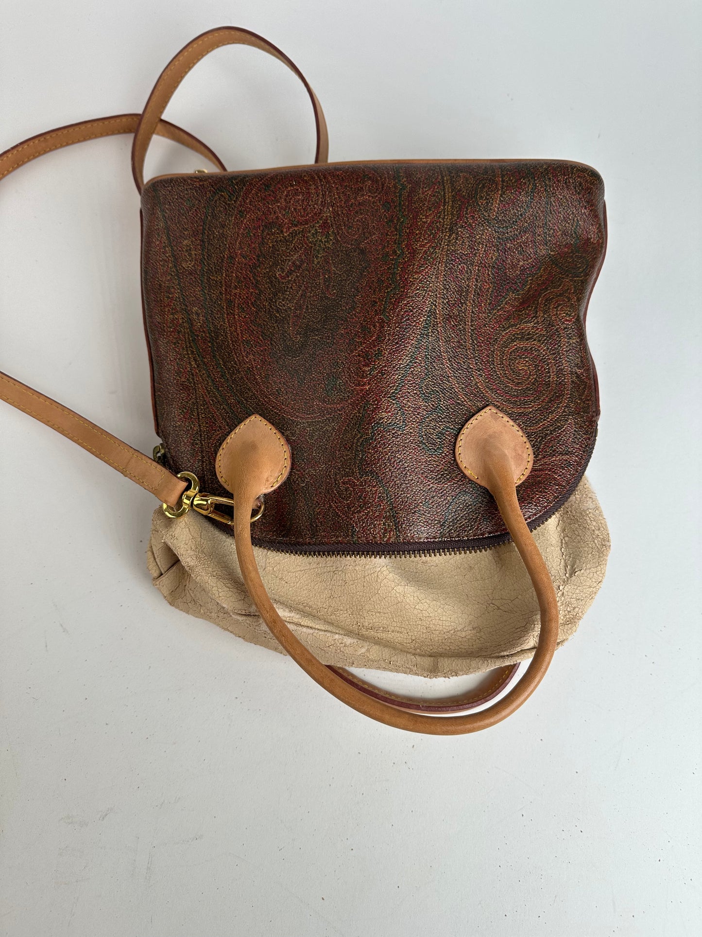 Vintage Etro Paisley Monogram 2Way Leather Handbag Orange Red Brown