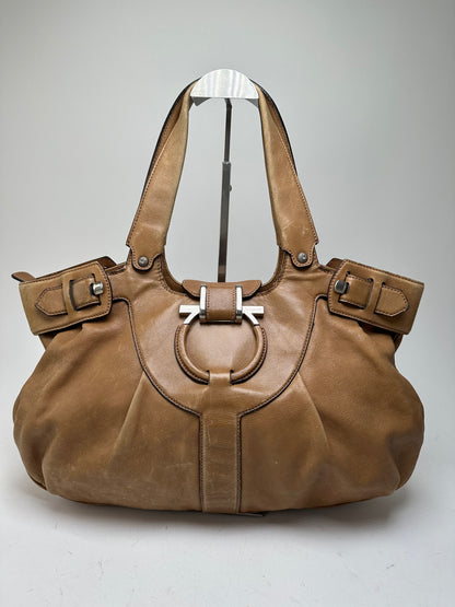 Vintage Salvatore Ferragamo Gancini Shoulder Bag Canvas Tan