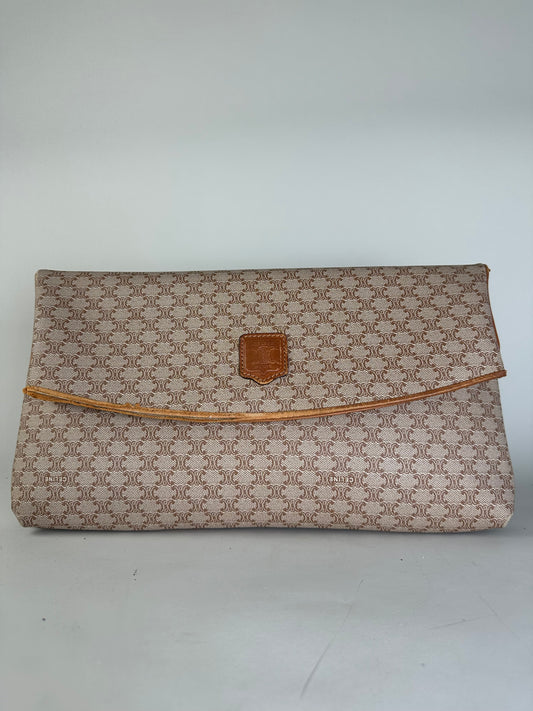 Vintage Celine Macadam Monogram Canvas Clutch Beige Brown