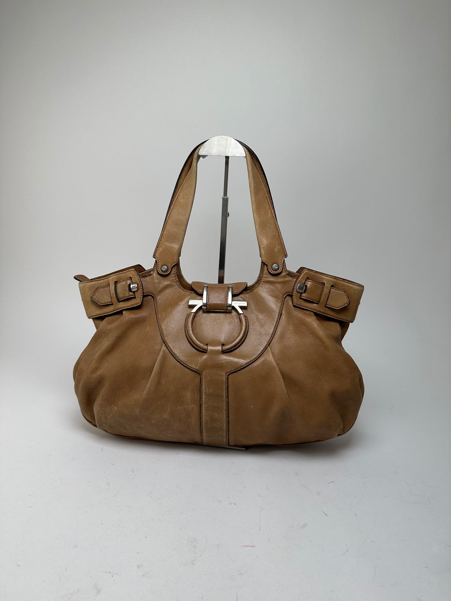 Vintage Salvatore Ferragamo Gancini Shoulder Bag Canvas Tan