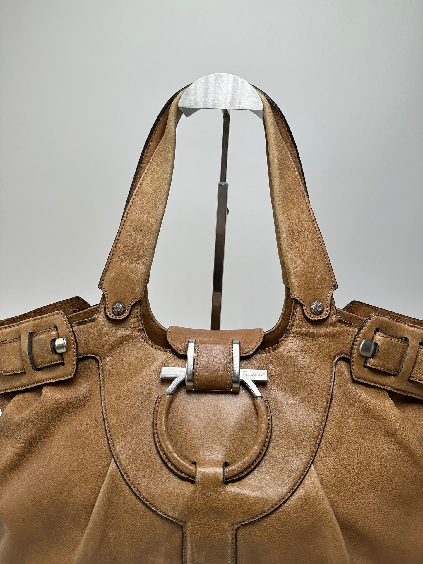 Vintage Salvatore Ferragamo Gancini Shoulder Bag Canvas Tan