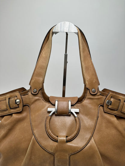 Vintage Salvatore Ferragamo Gancini Shoulder Bag Canvas Tan