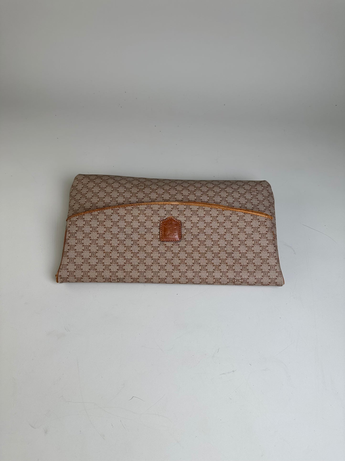 Vintage Celine Macadam Monogram Canvas Clutch Beige Brown