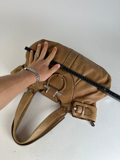 Vintage Salvatore Ferragamo Gancini Shoulder Bag Canvas Tan
