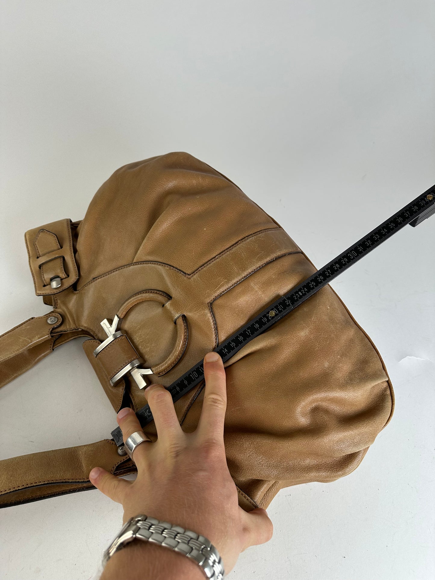 Vintage Salvatore Ferragamo Gancini Shoulder Bag Canvas Tan