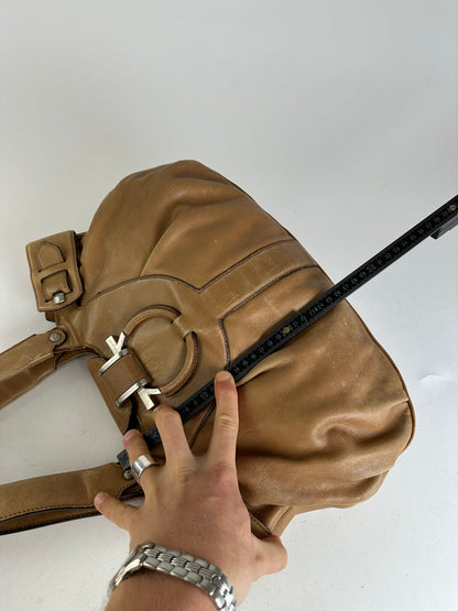 Vintage Salvatore Ferragamo Gancini Shoulder Bag Canvas Tan