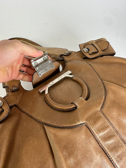 Vintage Salvatore Ferragamo Gancini Shoulder Bag Canvas Tan
