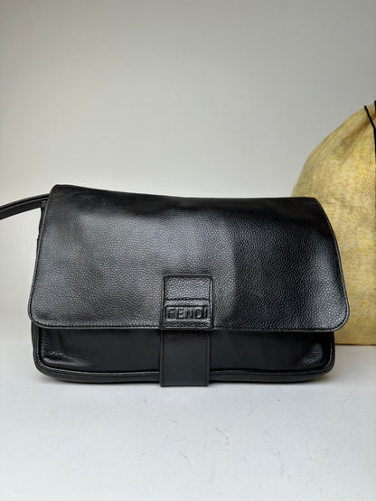 Vintage Fendi Flap Shoulder Bag Leather Black