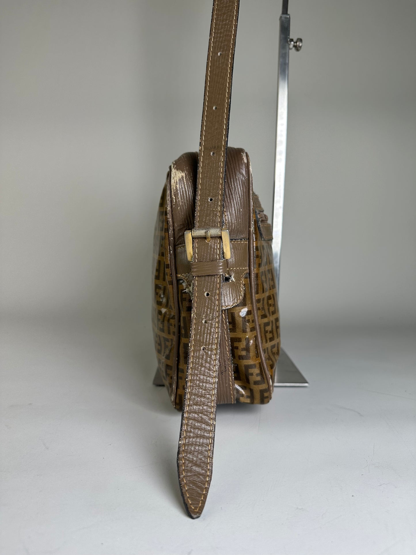 Vintage Fendi FF Monogram PVC Shoulder Bag Brown Tan