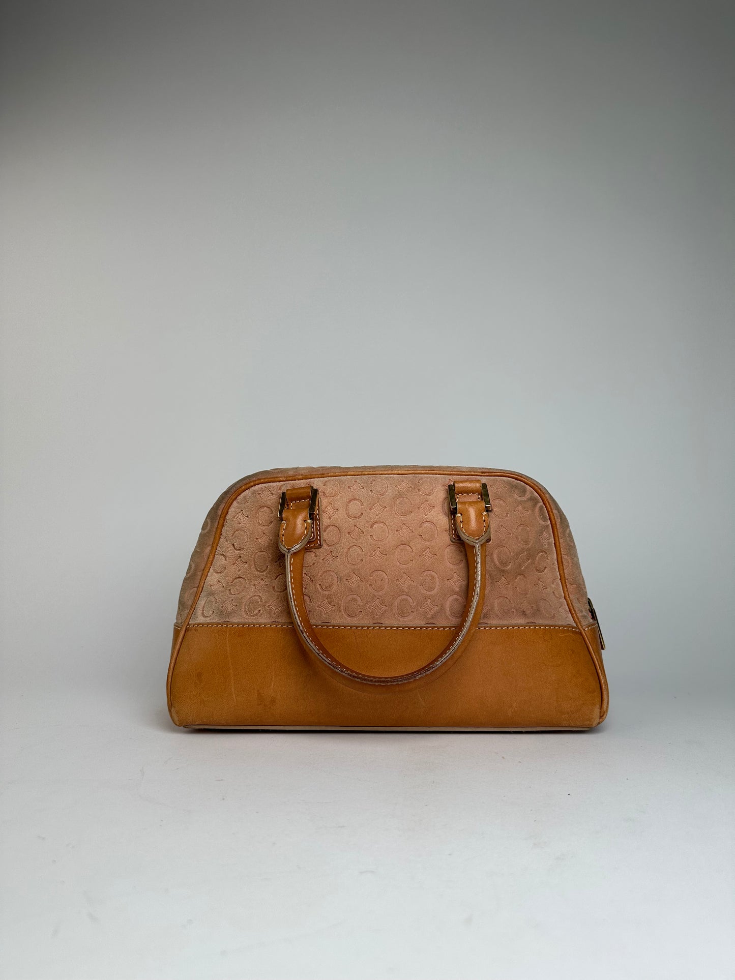 Vintage Celine Paris Triomphe Monogram Leather Velour Leather Handbag Pink Brown