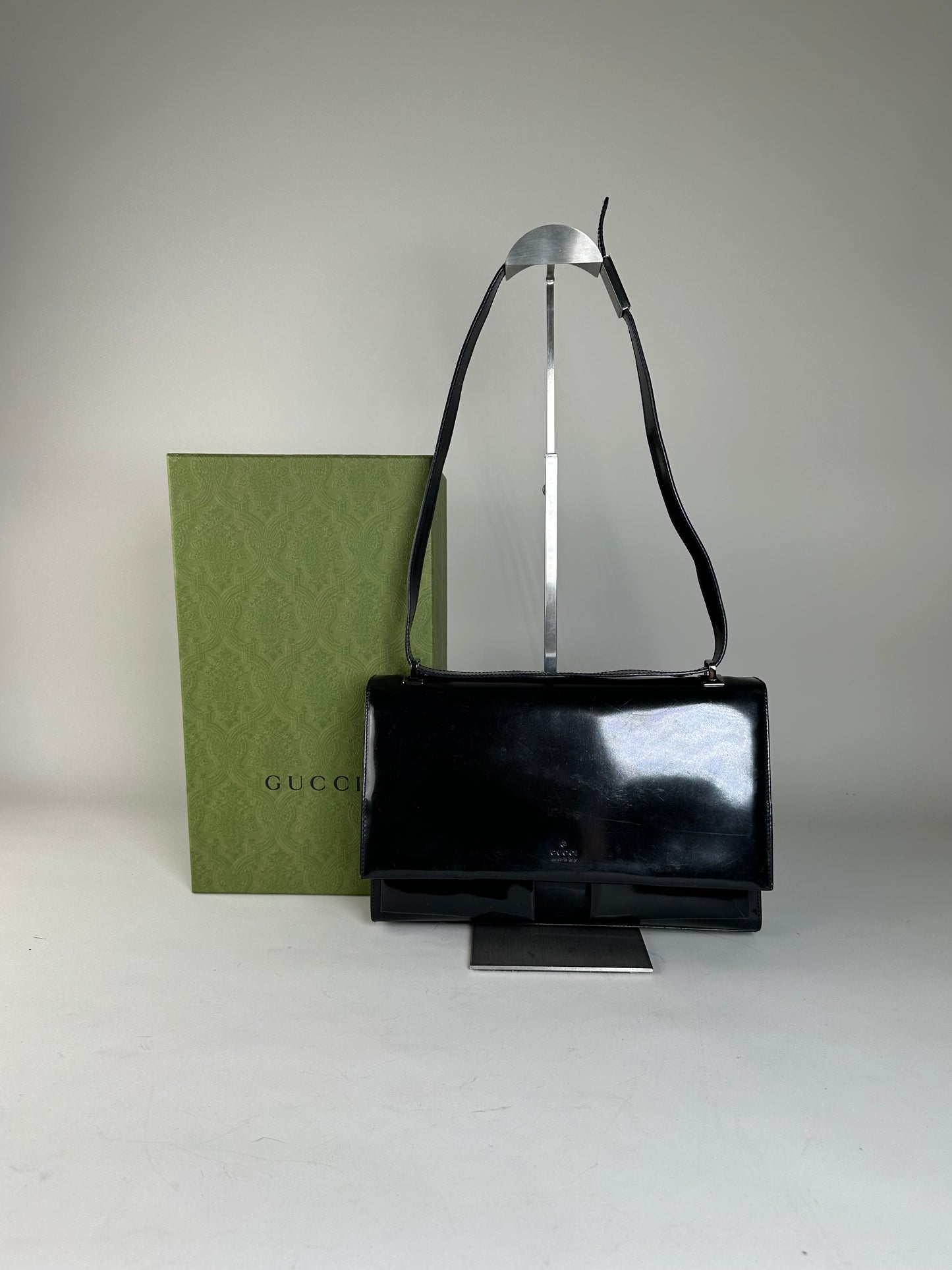 Vintage Gucci Patent Leather Shoulder Bag Black Silver