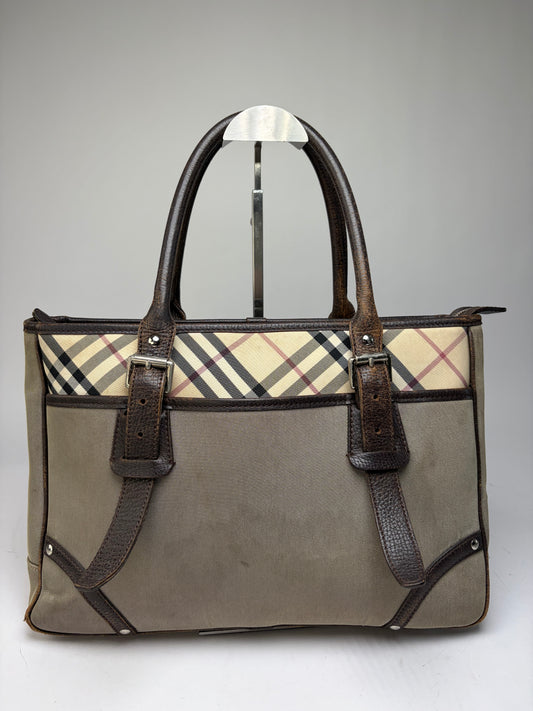 Vintage Burberry Nova Check Structured Top-Handle Bag Early 2000s Beige Brown