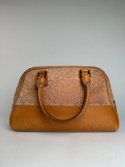 Vintage Celine Paris Triomphe Monogram Leather Velour Leather Handbag Pink Brown