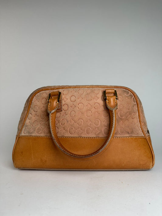 Vintage Celine Paris Triomphe Monogram Leather Velour Leather Handbag Pink Brown