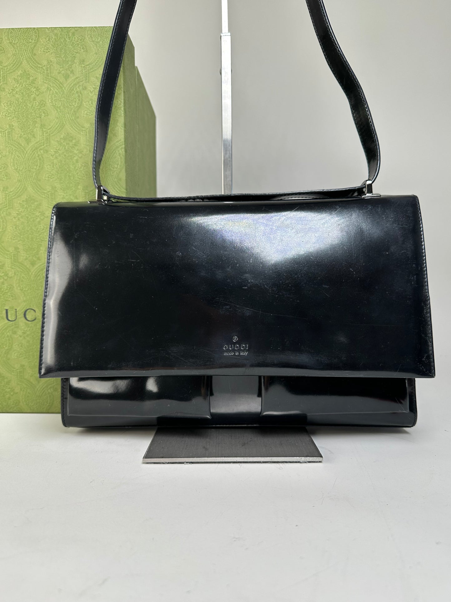 Vintage Gucci Patent Leather Shoulder Bag Black Silver