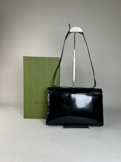 Vintage Gucci Patent Leather Shoulder Bag Black Silver