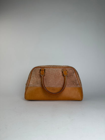 Vintage Celine Paris Triomphe Monogram Leather Velour Leather Handbag Pink Brown