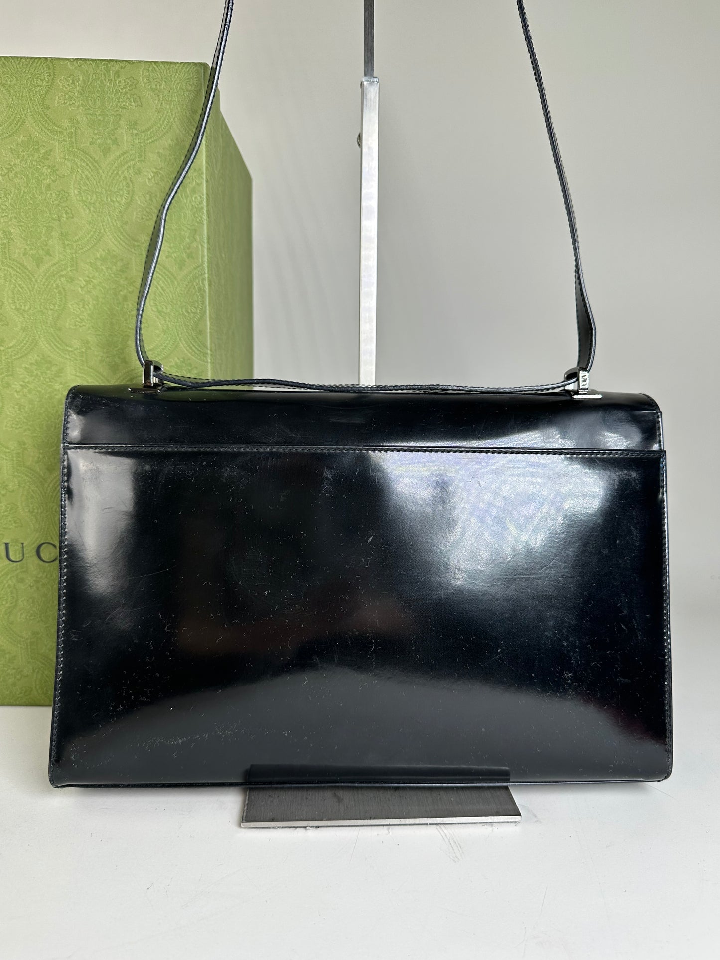 Vintage Gucci Patent Leather Shoulder Bag Black Silver
