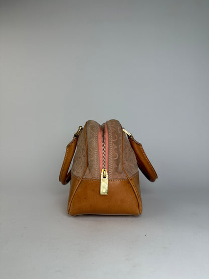 Vintage Celine Paris Triomphe Monogram Leather Velour Leather Handbag Pink Brown