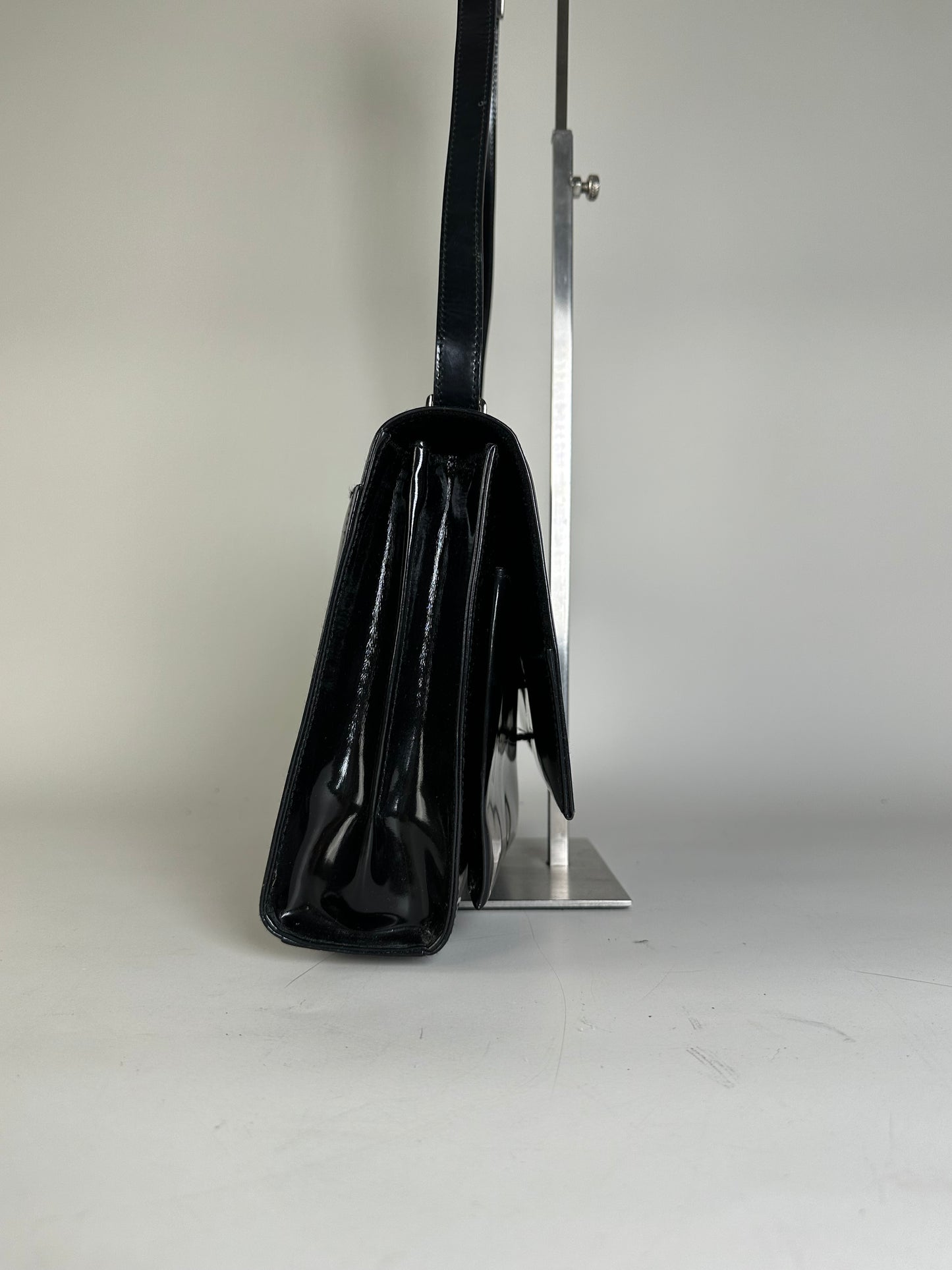 Vintage Gucci Patent Leather Shoulder Bag Black Silver