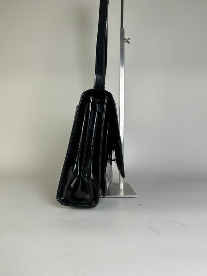 Vintage Gucci Patent Leather Shoulder Bag Black Silver