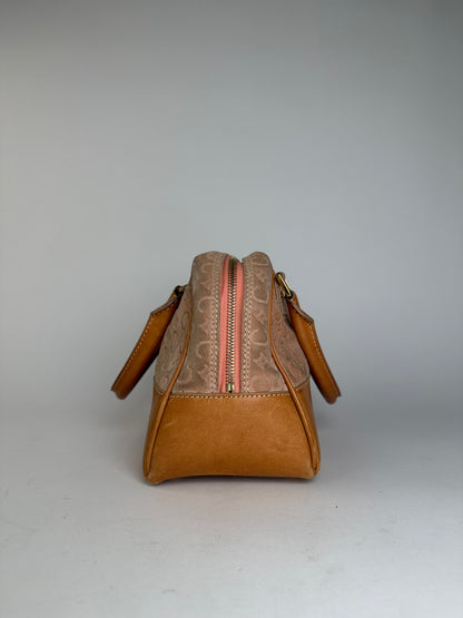 Vintage Celine Paris Triomphe Monogram Leather Velour Leather Handbag Pink Brown
