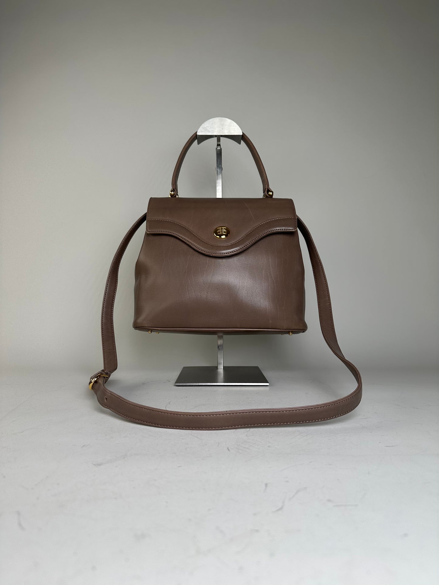 Vintage Givenchy Structured Leather Handbag Brown Gold Clasp