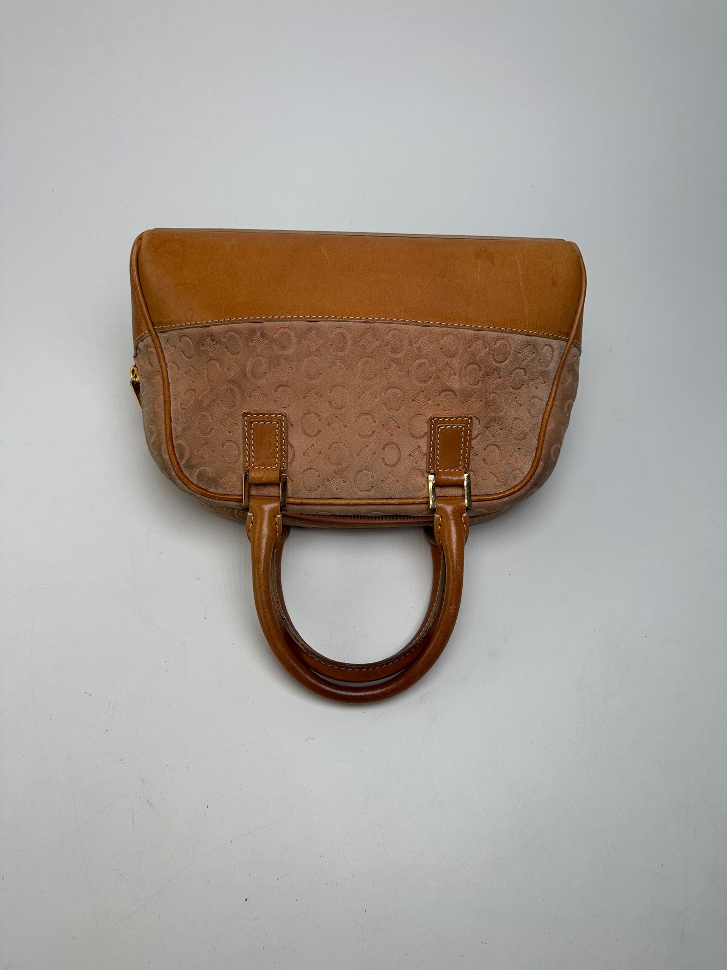 Vintage Celine Paris Triomphe Monogram Leather Velour Leather Handbag Pink Brown